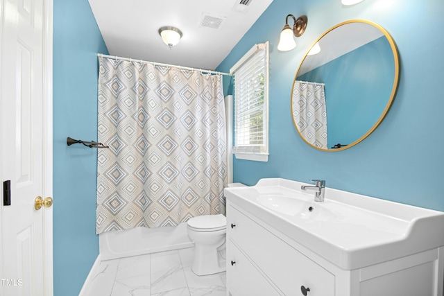 6912 Baywood Dr, Raleigh, NC 27613 - full bathroom with vanity, marble finish floors, and toilet
