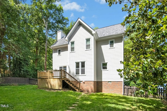6912 Baywood Dr, Raleigh, NC 27613 - back of house with stairway, a deck, a chimney, and a shingled roof