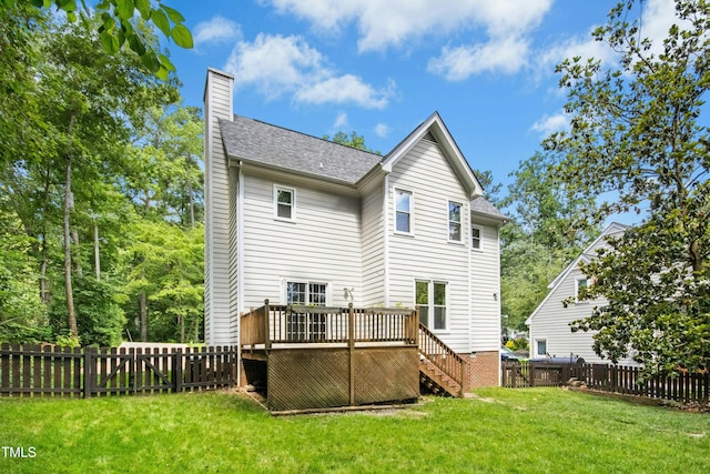 6912 Baywood Dr, Raleigh, NC 27613 - rear view of property featuring a chimney, a deck, stairway, and a shingled roof