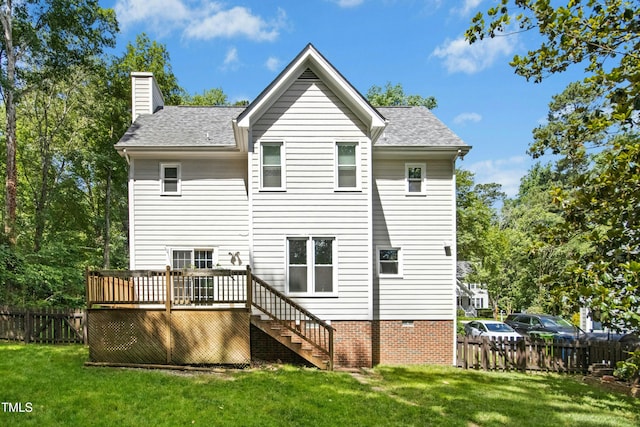6912 Baywood Dr, Raleigh, NC 27613 - rear view of property featuring stairs, a chimney, a deck, and a shingled roof