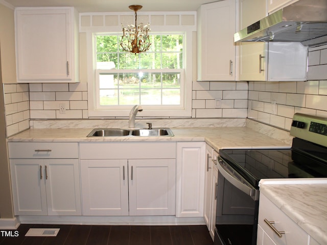 10180 Buffalo Rd, Clayton, NC 27527 - kitchen with electric stove, ventilation hood, a sink, white cabinetry, and a chandelier