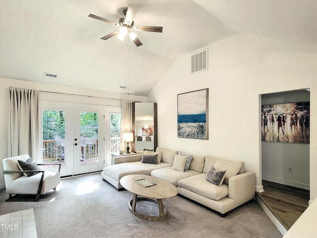 107 Long Shadow Ln, Cary, NC 27518 - living area featuring a ceiling fan, french doors, high vaulted ceiling, and baseboards