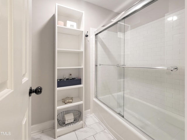 107 Long Shadow Ln, Cary, NC 27518 - bathroom featuring marble finish flooring, bath / shower combo with glass door, and baseboards