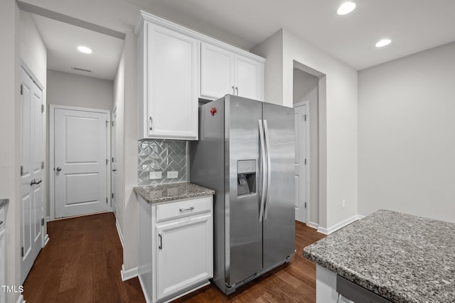 256 Rubrum Dr, Hillsborough, NC 27278 - kitchen featuring stainless steel refrigerator with ice dispenser, dark wood-type flooring, white cabinets, backsplash, and light stone countertops