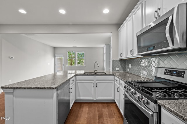 256 Rubrum Dr, Hillsborough, NC 27278 - kitchen featuring stainless steel appliances, a peninsula, dark wood finished floors, dark stone countertops, and recessed lighting