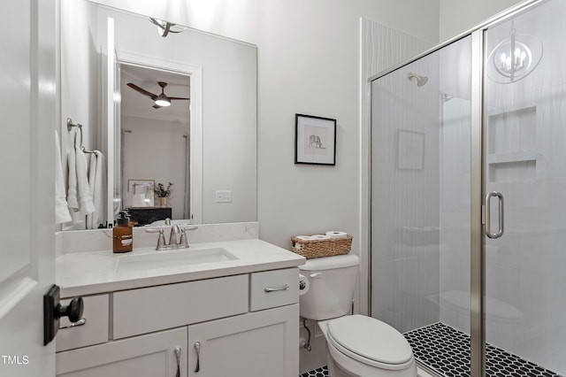 3160 Mantle Ridge Dr, Apex, NC 27502 - full bathroom featuring toilet, vanity, a stall shower, and a ceiling fan