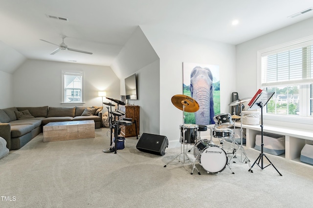 3160 Mantle Ridge Dr, Apex, NC 27502 - exercise room with carpet flooring, a ceiling fan, and lofted ceiling