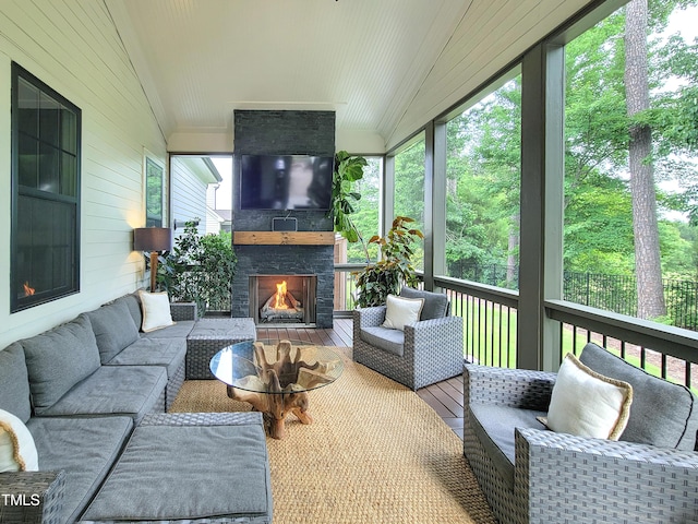 3160 Mantle Ridge Dr, Apex, NC 27502 - sunroom featuring an outdoor living space with a fireplace and vaulted ceiling