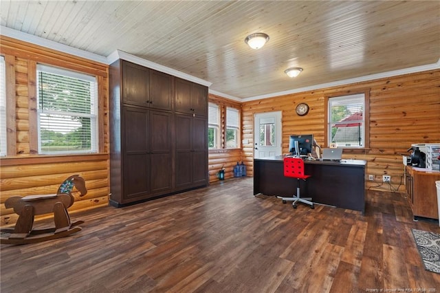 521 Cedar Creek Rd, Fayetteville, NC 28312 - office area with dark wood-style floors, rustic walls, plenty of natural light, and ornamental molding