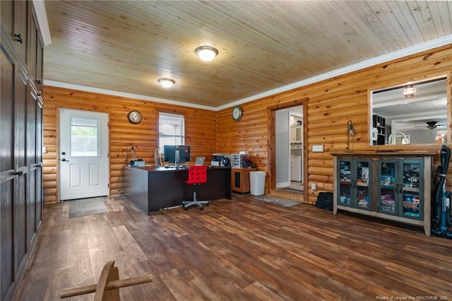 521 Cedar Creek Rd, Fayetteville, NC 28312 - office area with a ceiling fan, dark wood finished floors, ornamental molding, log walls, and wooden ceiling