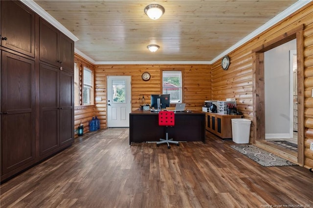 521 Cedar Creek Rd, Fayetteville, NC 28312 - home office featuring dark wood finished floors, log walls, wood ceiling, and crown molding