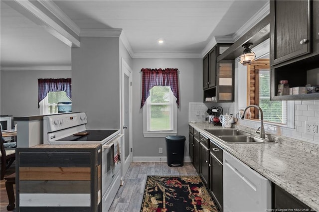 521 Cedar Creek Rd, Fayetteville, NC 28312 - kitchen with electric range, a sink, dishwasher, ornamental molding, and light wood-type flooring