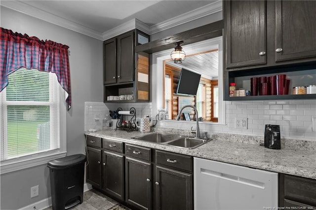 521 Cedar Creek Rd, Fayetteville, NC 28312 - kitchen with stainless steel dishwasher, a sink, open shelves, ornamental molding, and backsplash