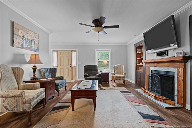 521 Cedar Creek Rd, Fayetteville, NC 28312 - living area with a high end fireplace, wood finished floors, ceiling fan, baseboards, and crown molding