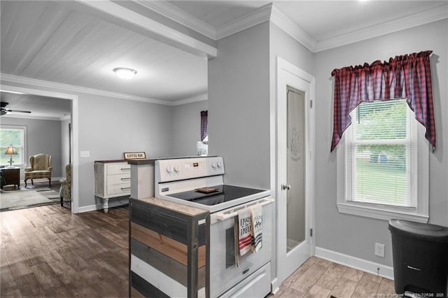 521 Cedar Creek Rd, Fayetteville, NC 28312 - kitchen with white electric range, plenty of natural light, wood finished floors, crown molding, and baseboards