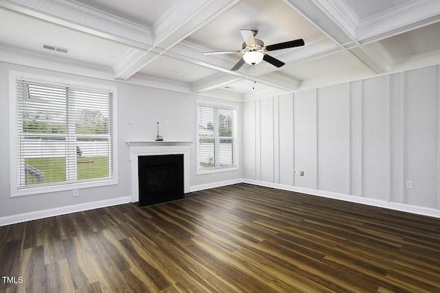unfurnished living room featuring a fireplace with flush hearth, dark wood-style floors, coffered ceiling, beamed ceiling, and ceiling fan