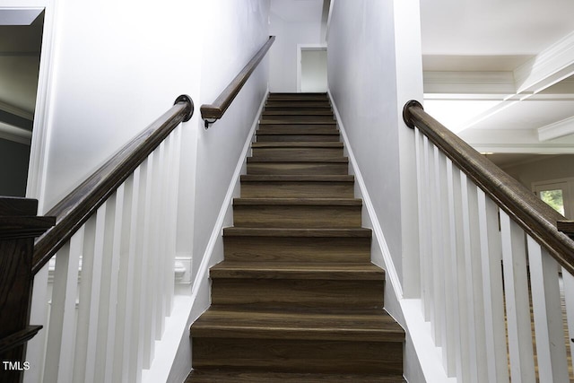 stairs featuring wood finished floors and crown molding