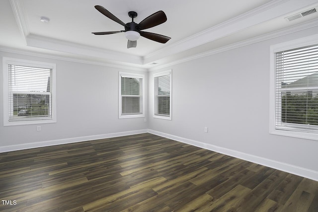spare room with a raised ceiling, plenty of natural light, dark wood-style floors, and ornamental molding