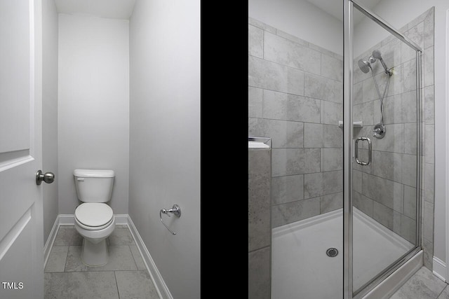 full bath with a stall shower, toilet, tile patterned flooring, and baseboards