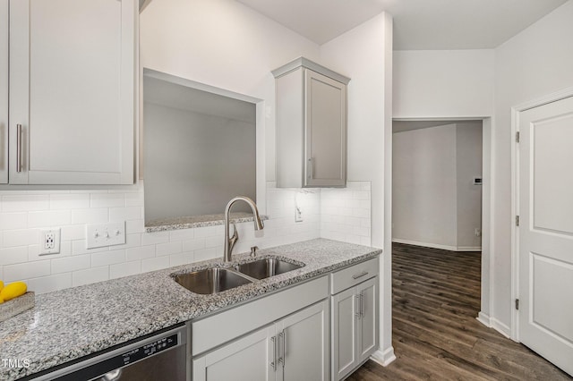 1230 Adrian Ct, Mebane, NC 27302 - kitchen featuring dishwasher, a sink, dark wood finished floors, and backsplash