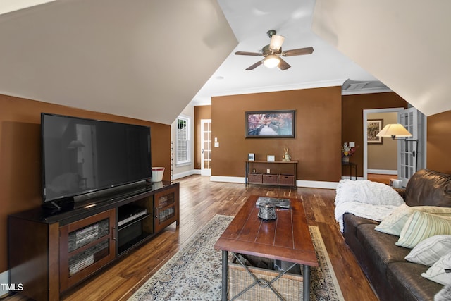 1329 Wynncrest Ct, Raleigh, NC 27603 - living room featuring ceiling fan, baseboards, wood finished floors, and ornamental molding