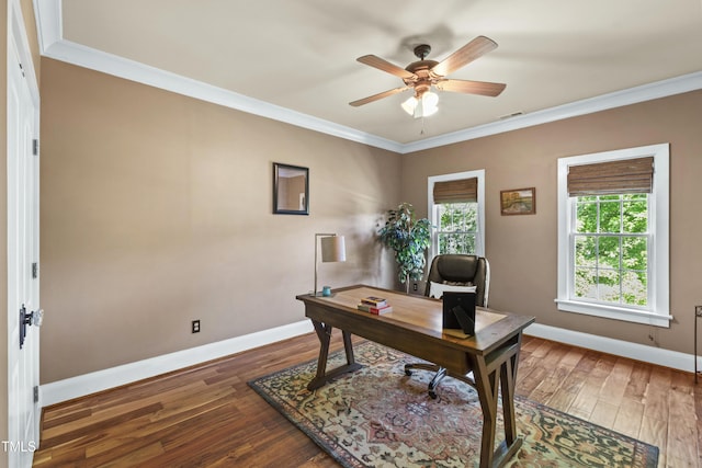 1329 Wynncrest Ct, Raleigh, NC 27603 - office space featuring crown molding, ceiling fan, baseboards, and wood-type flooring