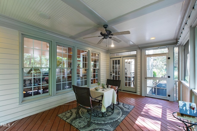 1329 Wynncrest Ct, Raleigh, NC 27603 - sunroom with ceiling fan, a deck, wood-type flooring, coffered ceiling, and ornamental molding