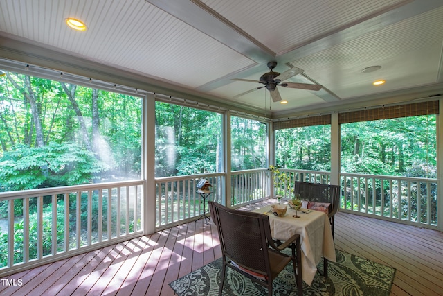 1329 Wynncrest Ct, Raleigh, NC 27603 - sunroom with a ceiling fan, outdoor dining space, plenty of natural light, and coffered ceiling