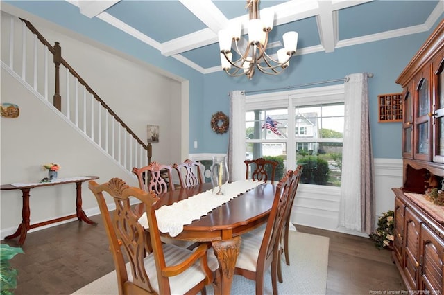 3821 Shire St, Hope Mills, NC 28348 - dining area featuring a chandelier, coffered ceiling, beam ceiling, a wainscoted wall, and stairway
