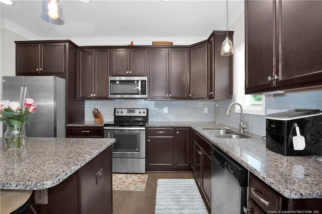 3821 Shire St, Hope Mills, NC 28348 - kitchen featuring appliances with stainless steel finishes, a sink, dark brown cabinets, dark wood-type flooring, and crown molding