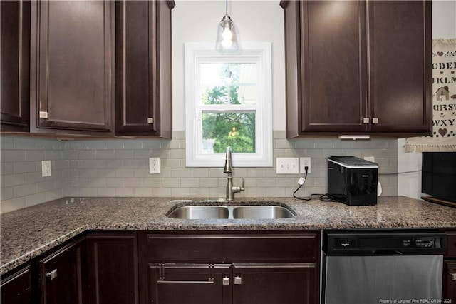 3821 Shire St, Hope Mills, NC 28348 - kitchen featuring dishwasher, a sink, dark brown cabinetry, tasteful backsplash, and dark stone countertops