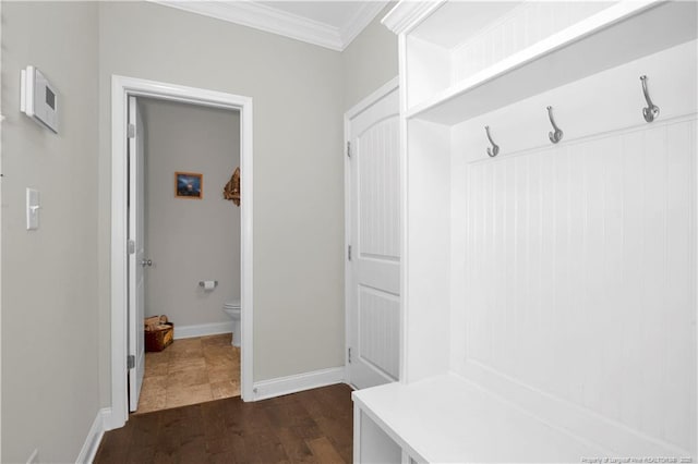 3821 Shire St, Hope Mills, NC 28348 - mudroom with ornamental molding, baseboards, and dark wood-type flooring