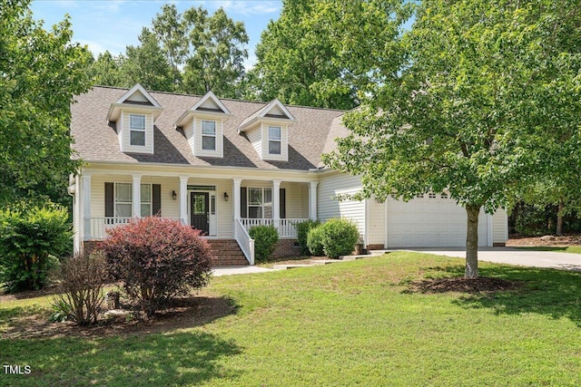 120 Tanager Farms Dr, Youngsville, NC 27596 - cape cod home with concrete driveway, a porch, a front lawn, a shingled roof, and a garage