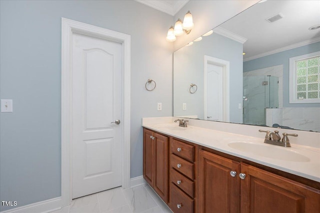 120 Tanager Farms Dr, Youngsville, NC 27596 - bathroom with a shower stall, double vanity, crown molding, baseboards, and marble finish flooring