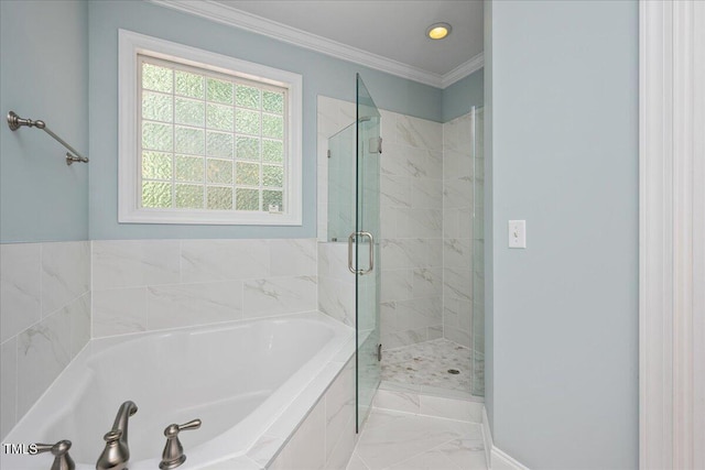 120 Tanager Farms Dr, Youngsville, NC 27596 - bathroom with a bath, a shower stall, ornamental molding, baseboards, and marble finish flooring