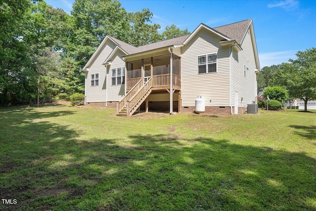 120 Tanager Farms Dr, Youngsville, NC 27596 - rear view of house featuring crawl space, a sunroom, cooling unit, a lawn, and stairs