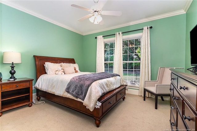  - bedroom with light colored carpet, ornamental molding, and ceiling fan