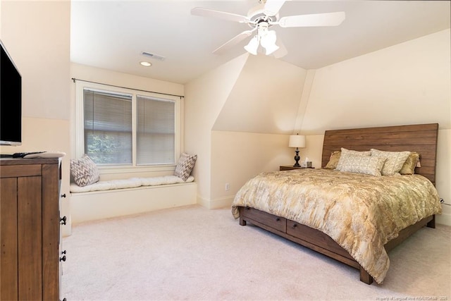  - carpeted bedroom with lofted ceiling, ceiling fan, recessed lighting, and baseboards