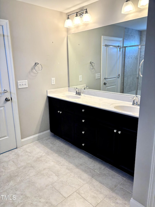123 Gunderson Ln, Garner, NC 27529 - bathroom with double vanity, a tile shower, and baseboards