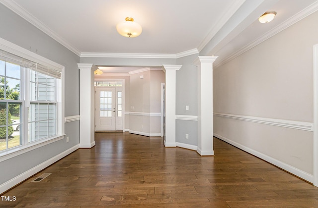 123 Gunderson Ln, Garner, NC 27529 - spare room with ornate columns, wood-type flooring, crown molding, and baseboards