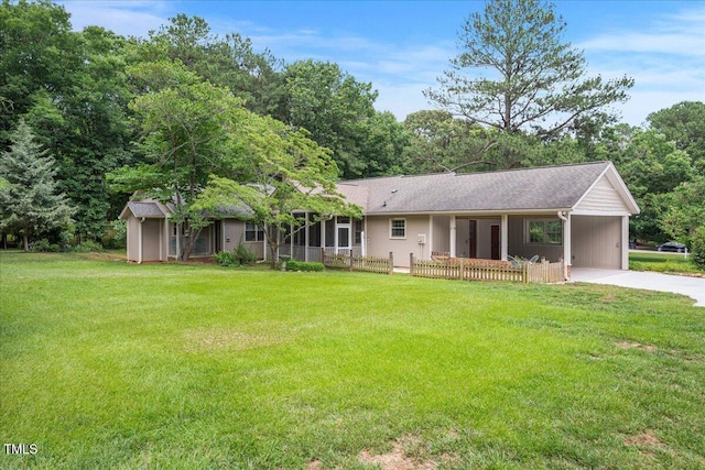 8133 Holly Forest Rd, Wake Forest, NC 27587 - ranch-style home with driveway, a front lawn, an attached carport, and a sunroom