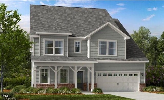 view of front facade with brick siding, a porch, driveway, and a garage