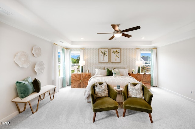 bedroom with light colored carpet, baseboards, multiple windows, recessed lighting, and wallpapered walls
