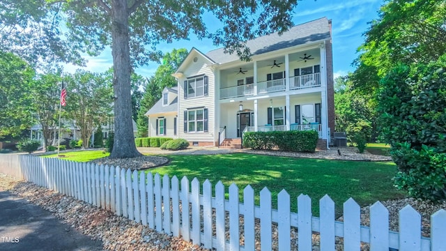 8042 Hogan Dr, Wake Forest, NC 27587 - greek revival house featuring ceiling fan, a balcony, covered porch, and crawl space