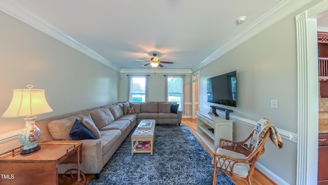 8042 Hogan Dr, Wake Forest, NC 27587 - living area with crown molding, ceiling fan, and wood finished floors