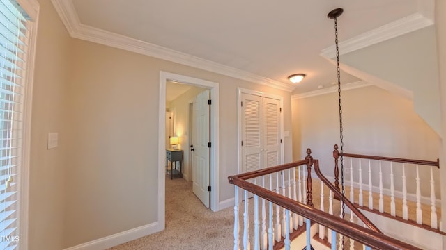 8042 Hogan Dr, Wake Forest, NC 27587 - hall with an upstairs landing, light carpet, ornamental molding, and baseboards