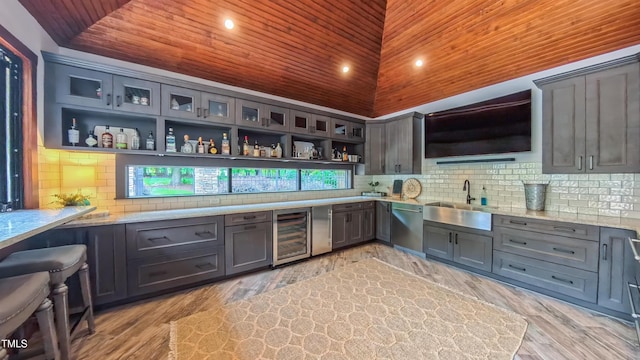 3197 Carriage Creek Ct, Haw River, NC 27258 - bar featuring a sink, beverage cooler, wooden ceiling, backsplash, and dishwasher
