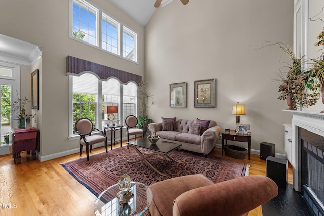 3923 Napa Valley Dr, Raleigh, NC 27612 - living room featuring high vaulted ceiling, a fireplace, wood finished floors, plenty of natural light, and a ceiling fan