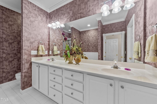 3923 Napa Valley Dr, Raleigh, NC 27612 - bathroom featuring crown molding, toilet, tile patterned flooring, double vanity, and wallpapered walls