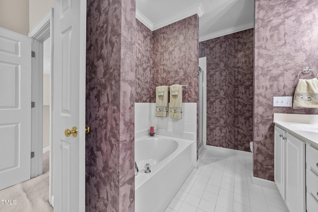 3923 Napa Valley Dr, Raleigh, NC 27612 - bathroom featuring baseboards, vanity, crown molding, a shower stall, and a garden tub